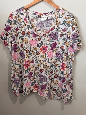 Rachel Zoe White Floral 100% Linen V-Neck Short Sleeve Top Plus Size 2X
